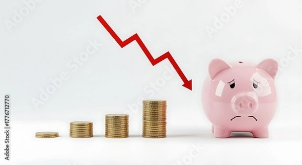 Fototapeta Pink piggy bank with sad face and falling red arrow over coin stacks coins
