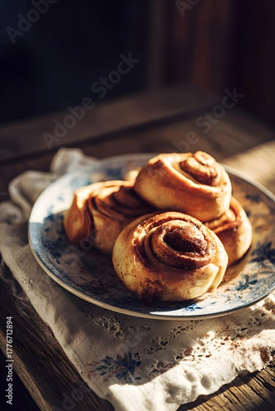 Fototapeta Close-up of homemade golden-brown homemade cinnamon rolls on a plate., with visible swirls. Rustic homemade baking, traditional family recipes