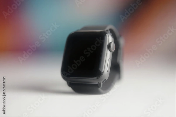 Fototapeta Black smartwatch on a white surface with colorful background