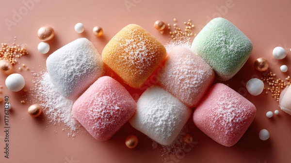 Fototapeta Assortment of pastel mochi pieces and other Japanese wagashi confectionery arranged on a brown surface, creating a minimalist dessert display dusted with powdered sugar and toppings