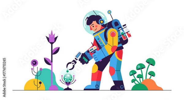 Fototapeta Astronaut Exploring Alien Flora: A Colorful Illustration of Botanical Investigation