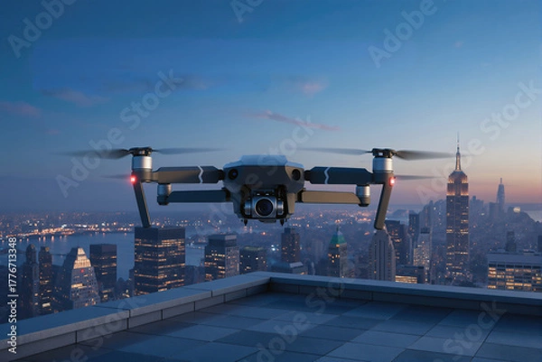 Fototapeta Drone flying over a city skyline during twilight