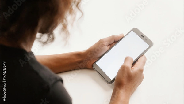 Fototapeta Individual using smartphone with blank screen at indoor setting