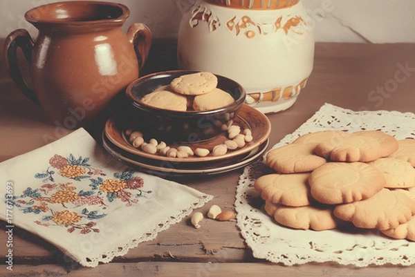 Obraz Retro-style photo of homemade cookies on a plate with nuts, embroidered napkins, ceramic sugar jar, A warm cozy nostalgic home atmosphere, simple beauty of everyday life. retro-style culinary storytel