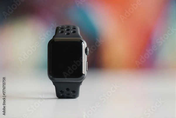 Fototapeta Modern black smartwatch on a white surface with a colorful background