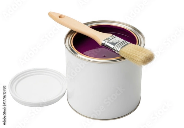 Fototapeta Open can of purple paint with a wooden handled paintbrush resting on the rim, isolated on transparent background