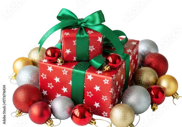 Obraz Stack of red christmas gift boxes tied with green ribbon and surrounded by festive baubles, isolated on transparent background