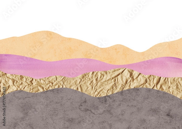 Fototapeta Abstract landscape background with watercolor textures and layered craft paper mountains. Warm pastel tones.