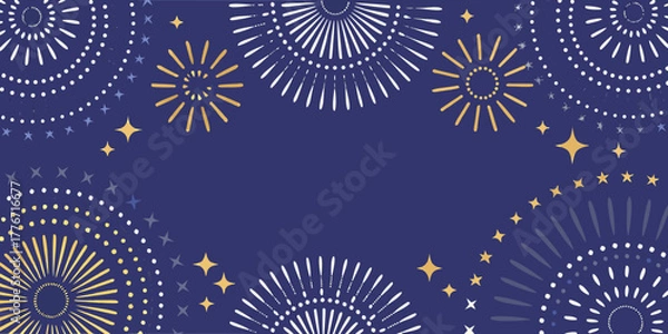 Fototapeta Festive dark blue background with abstract colorful fireworks and stars for celebrations