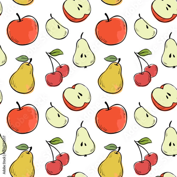 Obraz Seamless pattern with vector pears, apples, and cherries. Summer design for wallpaper, fabric, textile, or wrapping paper. Line and watercolor fruits illustration isolated on white background.