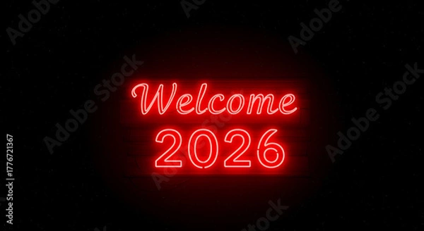 Fototapeta Welcome 2026 neon sign glowing in the dark with a starry background