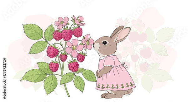 Fototapeta Bunny Enjoying Aroma Of Raspberry Blossoms, Charming Garden Illustration For Print