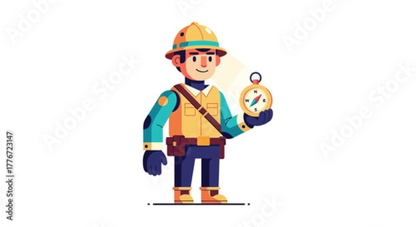 Fototapeta Cartoon Explorer Holding Compass Finding The Right Direction For An Adventure Journey