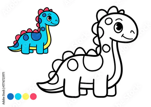 Obraz Cute cartoon dinosaur childrens coloring book page with color example. Adorable prehistoric animal with spots and plates. Black and white outline drawing for kids art, learning, and creative fun.