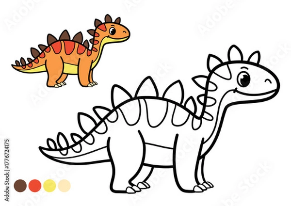 Fototapeta Cute cartoon dinosaur childrens coloring book page. Funny stegosaurus with plates on its back. Black and white outline illustration with example colors for kids art activities and preschool learning.
