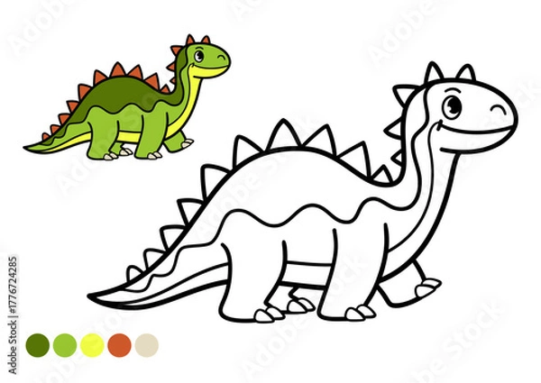 Obraz Cute cartoon dinosaur childrens coloring book page. Happy stegosaurus black and white outline illustration with color example for preschool learning and educational fun.