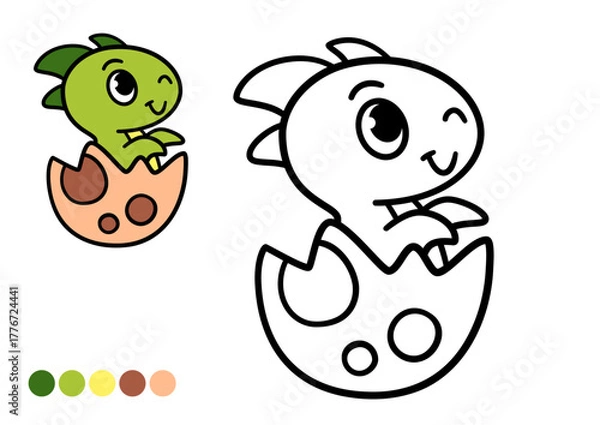 Obraz Cute baby dinosaur hatching from egg childrens coloring book page. Simple outline illustration with happy prehistoric character for creative learning and fun.