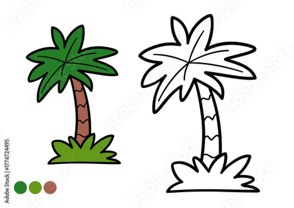 Obraz Cute cartoon palm tree childrens coloring book page. Simple prehistoric tree outline for early learning and creative fun.