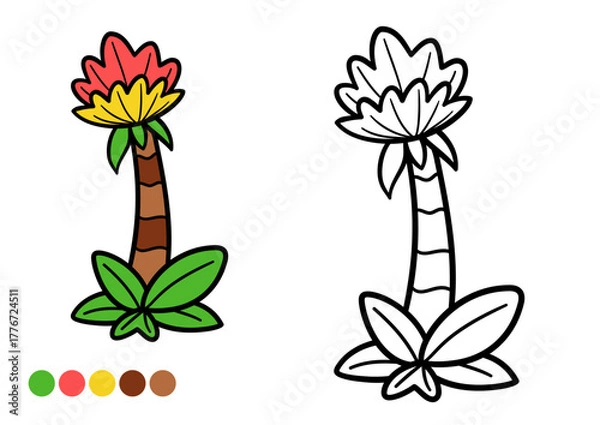 Obraz Cute cartoon prehistoric flower tree childrens coloring book page. Fun and simple plant outline for creative learning and imagination.