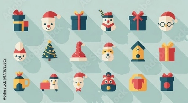 Fototapeta Delightful flat design Christmas icons featuring Santa, snowmen, trees, and gifts create festive holiday cheer for seasonal projects