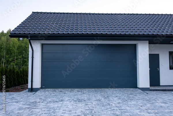 Obraz Designer entrance gate to garage. Modern design. Luxurious exterior. Facade of a modern garage.