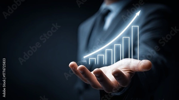 Obraz Businessman Holding a Hand with a Growing Graph and Trend Lines Against a Dark Background, Symbolizing Financial Success and Growth in the Economy