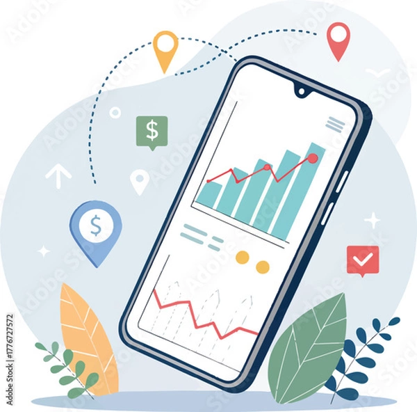Fototapeta Mobile finance app with growth chart and digital money analytics illustration