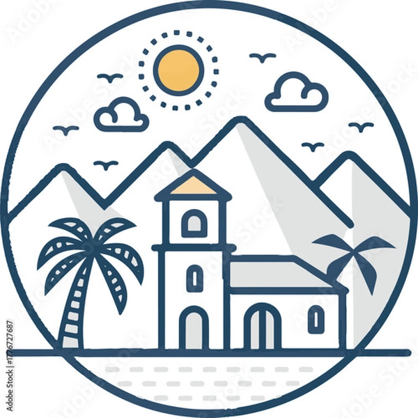 Fototapeta Tropical landscape with church, mountains, and palm trees line art illustration