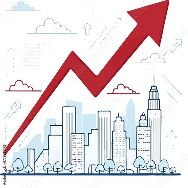 Fototapeta Business growth and city development concept with red upward arrow illustration
