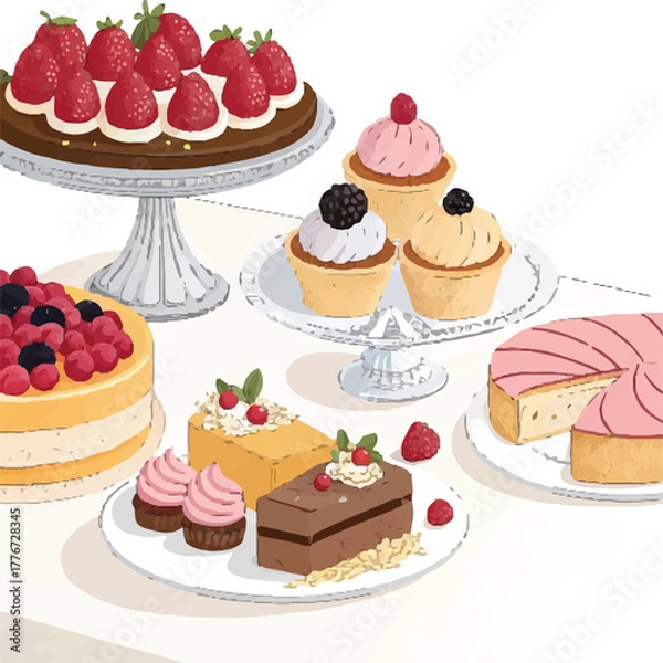 Fototapeta Assorted Elegant Cakes and Cupcakes on Dessert Table – Hand-Drawn Illustration of Sweet Pastries
