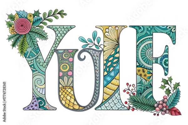 Fototapeta "Whimsical Yule: A Zentangle-Inspired Christmas Lettering Art Piece with Festive Botanical Embellishments"