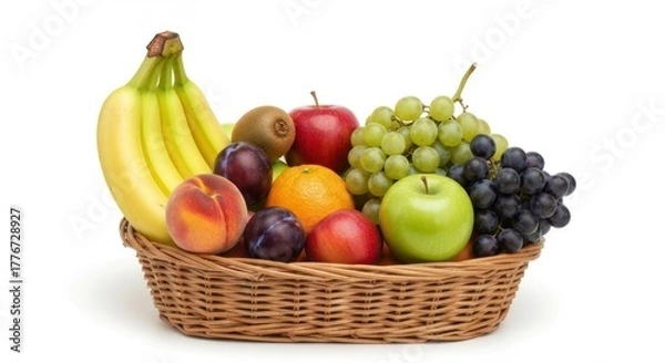 Fototapeta Woven basket filled with an assortment of colorful fresh fruits on a white surface