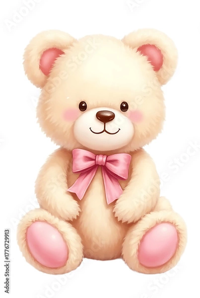 Obraz Cute Fluffy Teddy Bear with Pink Bows, Soft Toy Illustration on White Background
