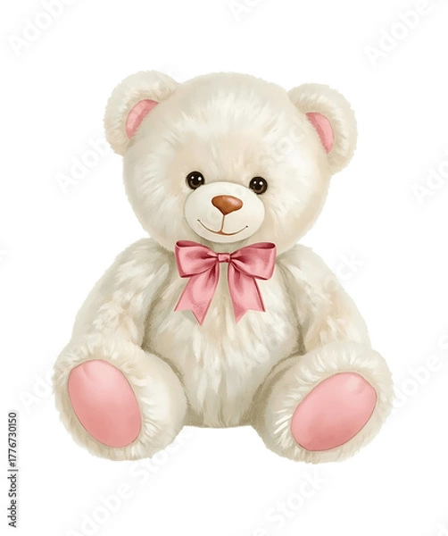Obraz Cute Fluffy Teddy Bear with Pink Bows – Soft Toy Illustration on White Background