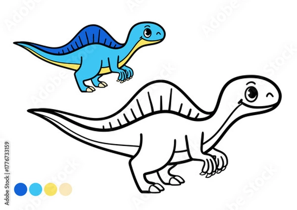 Fototapeta Cute cartoon dinosaur childrens coloring book page. Funny prehistoric animal with a sail on its back. Outline illustration with color example.