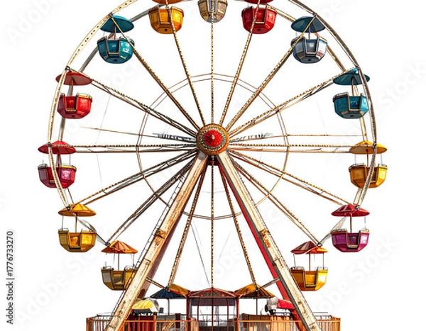 Fototapeta Classic Ferris Wheel with Colorful Cabins, Side View, Isolated on Transparent Backgro