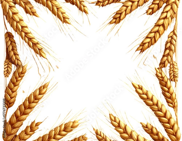 Fototapeta Golden Wheat Border Frame, Top-Down View, Realistic Detail, Isolated on Transparent B