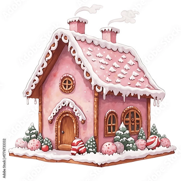 Obraz Cute Pink Gingerbread  Candy House, Watercolor Gingerbread House with Sweets and Christmas Decorations