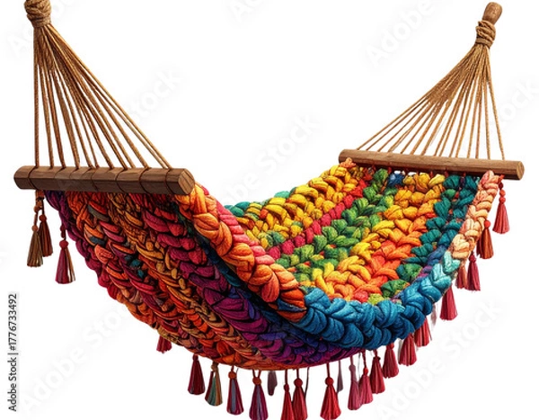 Fototapeta Colorful Woven Hammock with Wooden Spreaders, Front View, Realistic Texture, Isolated