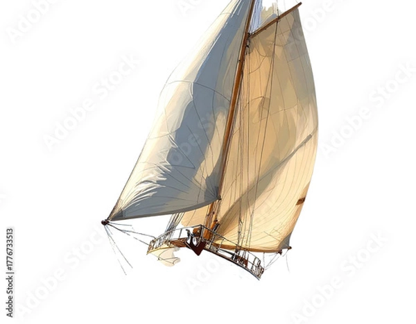 Fototapeta Dynamic Sailing Yacht with Billowing Sails in Motion, Angled Front View, Transparent