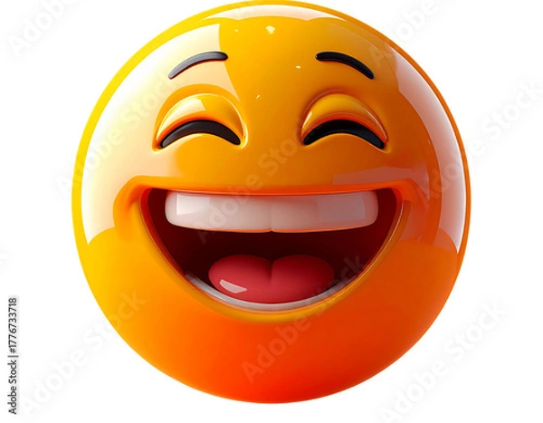 Fototapeta Glossy 3D Laughing Emoji Icon, Front View, Floating on Orange Gradient, Isolated on T