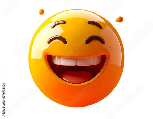 Fototapeta Glossy 3D Laughing Emoji Icon, Front View, Floating on Orange Gradient, Isolated on T