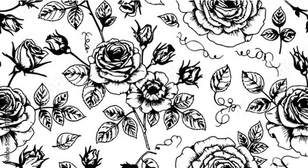 Fototapeta Seamless Hand-Drawn Rose Pattern in Vintage Botanical Style

Black and White Rose Flower Illustration Seamless Background

Floral Line Art Pattern with Roses and Leaves