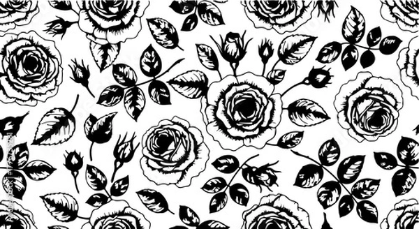 Fototapeta Seamless Hand-Drawn Rose Pattern in Vintage Botanical Style

Black and White Rose Flower Illustration Seamless Background

Floral Line Art Pattern with Roses and Leaves
