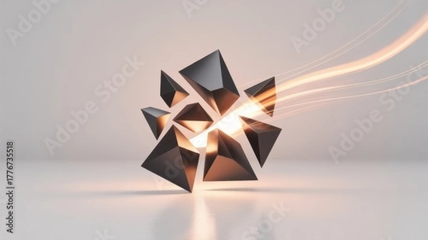 Fototapeta Abstract geometric shape exploding with bright light and energy on a clean background