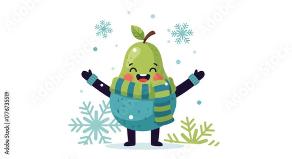 Obraz Cheerful Pear Character Welcoming Winter with Smiling Expression and Snowflakes Around