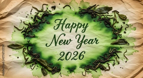 Fototapeta Happy new year 2026 festive wreath on aged parchment paper background