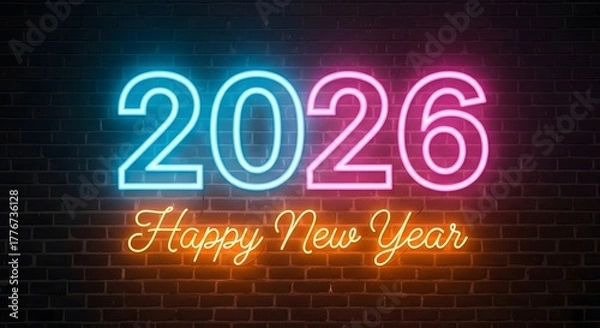 Fototapeta Bright neon 2026 happy new year sign on brick wall