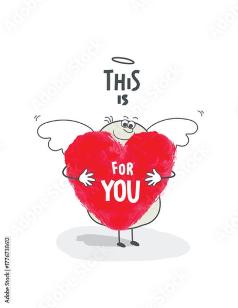 Obraz Vector hand drawn cartoon sketch of Angel who gives love as a gift for you. Angels advise and draw our attention by creating a seed of love.Thinking positive.