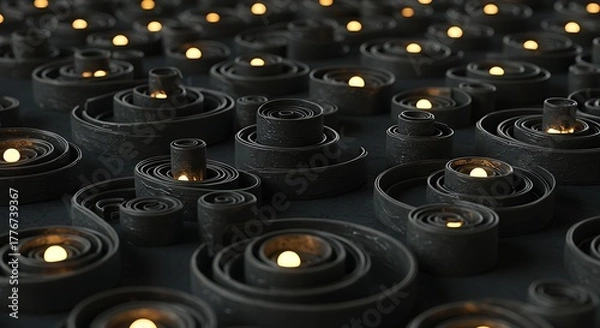 Fototapeta Abstract Dark Spirals with Glowing Orbs.